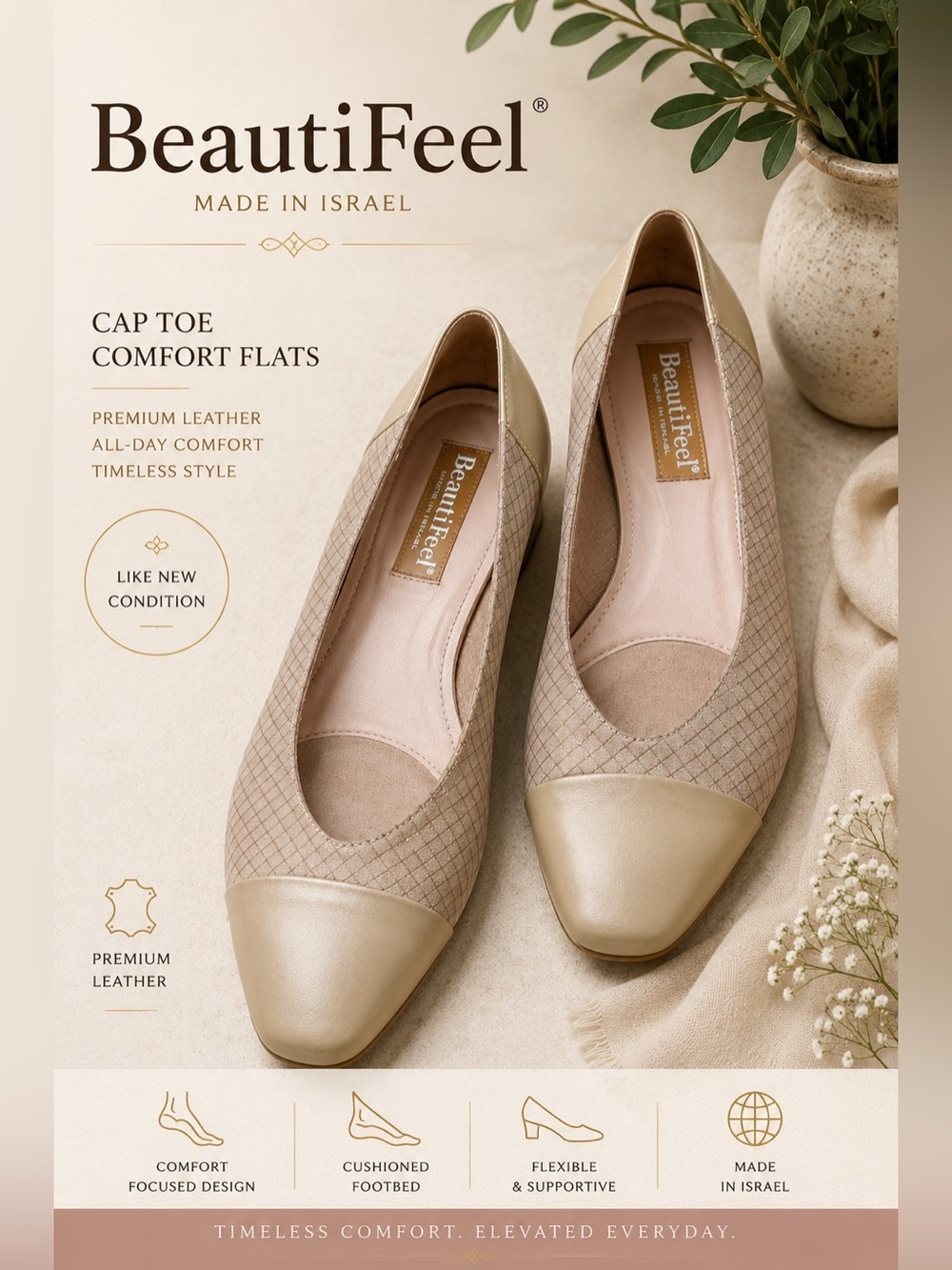 BeautiFeel Made in Israel Beige Leather Cap Toe Comfort Flats Women’s US 9.5